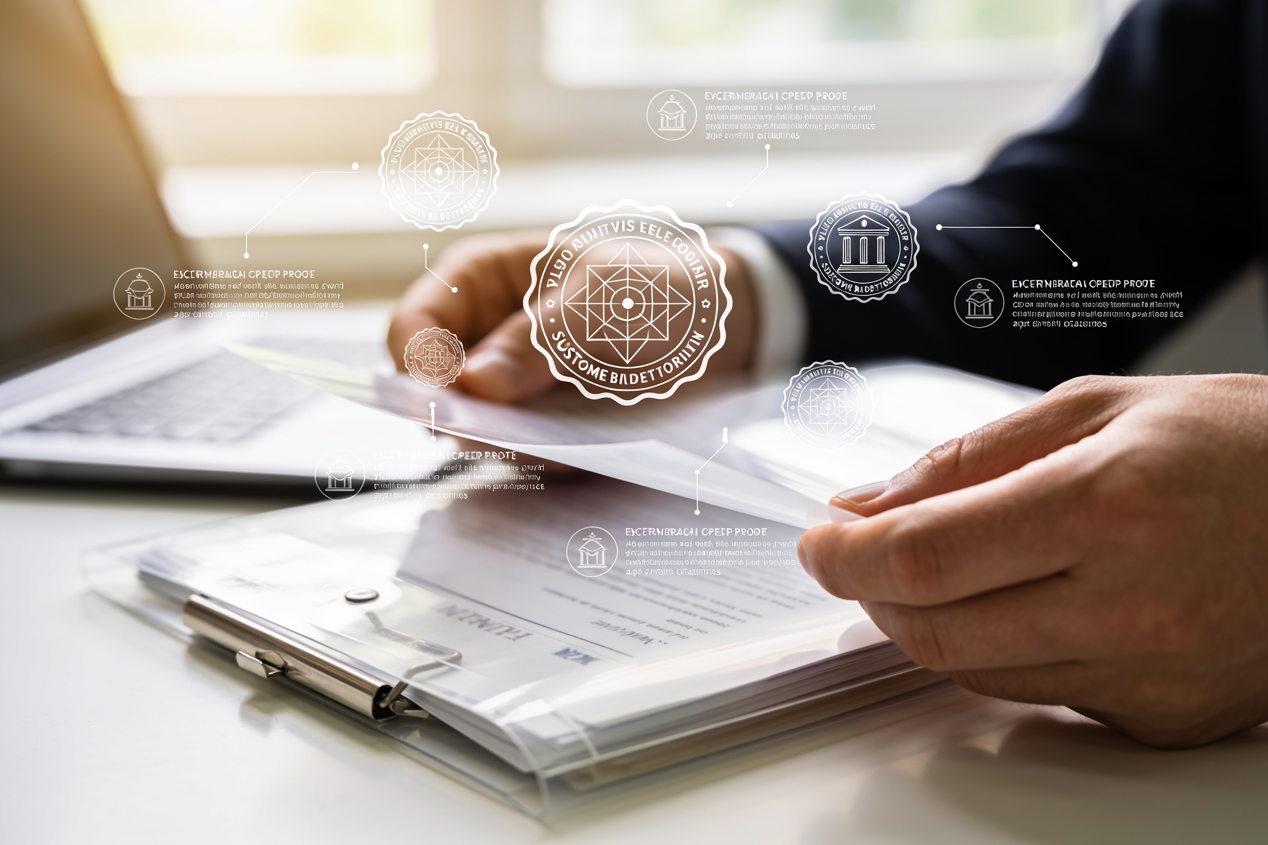 Hands organize a layered business dossier with abstract visual symbols of evidence and credibility.