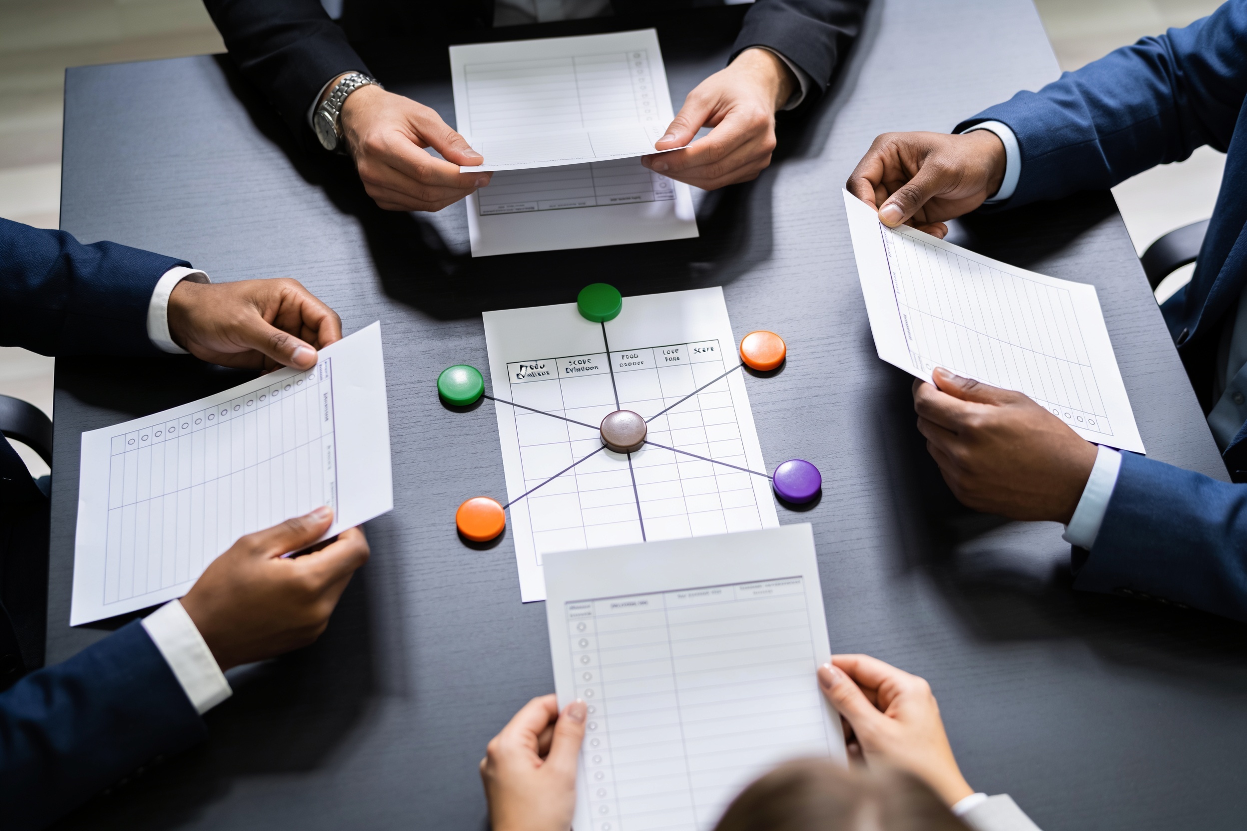 Team members compare evaluation materials around a table as decision markers converge.
